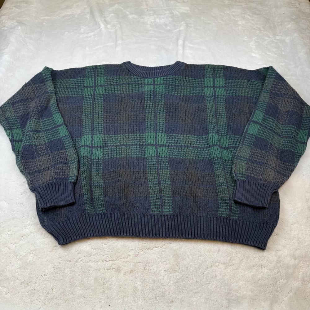 Lands End Vintage Mens XL Plaid Crewneck Sweater Navy Green 100% Cotton USA Made